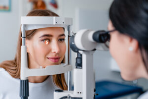 eye doctor checking patient's vision